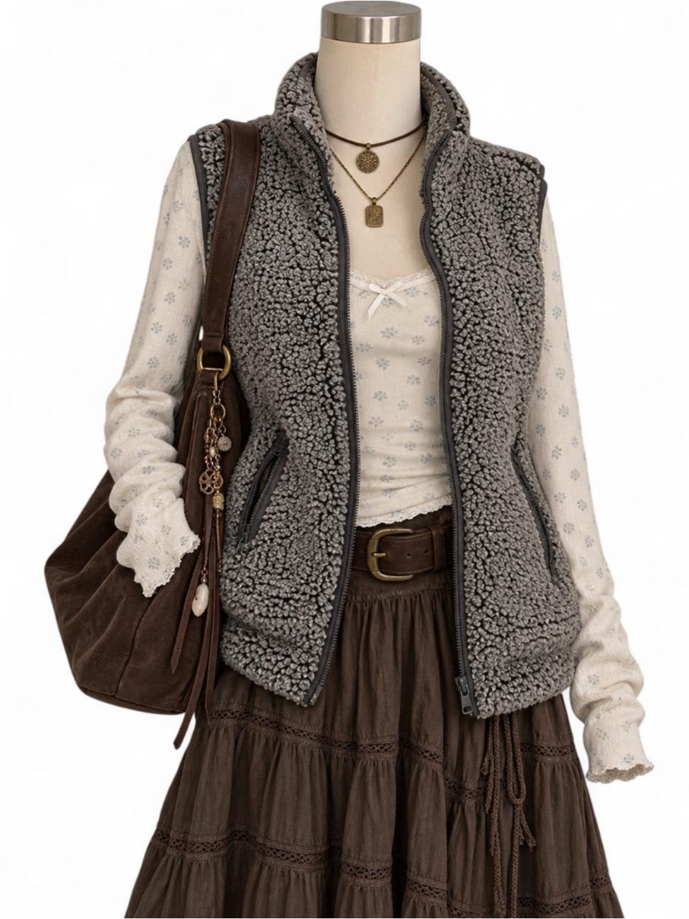 Womens Gray Sherpa Fleece Vest - Cozy Sleeveless Jacket